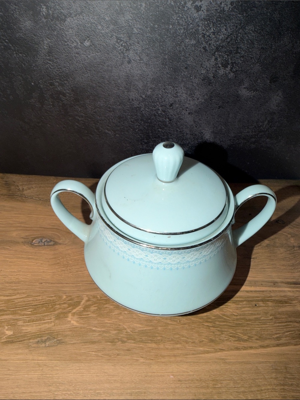 Noritake Light Blue Covered Sugar Bowl with Silver Band